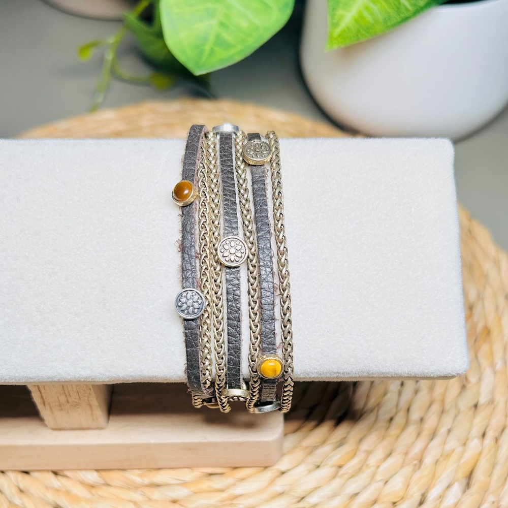 LUCKY Brand Multi Strand Tigers Eye Brown Suede & Brass Tone Chain Bracelet